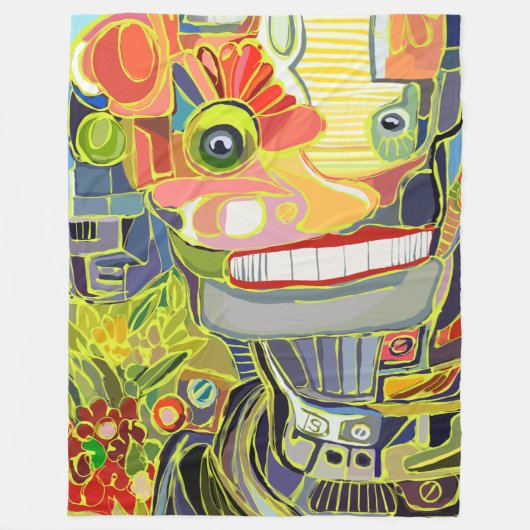 花と一緒に微笑む幸せなロボット フリースブランケット (正面)