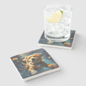 花と一緒に泳ぐゴールデンレイバー ストーンコースター (横)