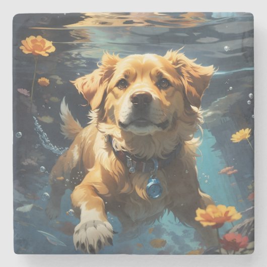 花と一緒に泳ぐゴールデンレイバー ストーンコースター (正面)