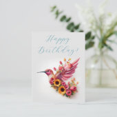 花と一緒に飛ぶハチドリ　ハッピーバースデー ポストカード (スタンド正面)