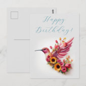 花と一緒に飛ぶハチドリ　ハッピーバースデー ポストカード (正面/裏面)