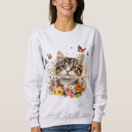 花と一緒の愛らしい子猫のプリントスウェット スウェットシャツ
