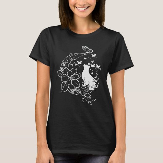 花と三日月と蝶と猫 Tシャツ (正面)