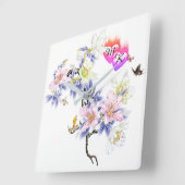 花と二重モノグラム火照ハート スクエア壁時計 (傾斜)