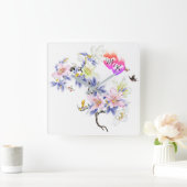 花と二重モノグラム火照ハート スクエア壁時計 (ホーム)