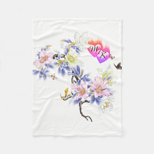 花と二重モノグラム火照ハート フリースブランケット (正面)