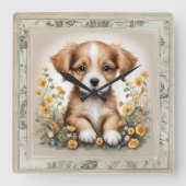 花と仔犬のナースリー スクエア壁時計 (正面)