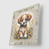 花と仔犬のナースリー スクエア壁時計 (傾斜)
