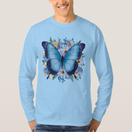 花と優雅な青い蝶 Tシャツ