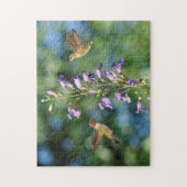 花と共に飛んでいる2羽のハチドリ ジグソーパズル (縦)