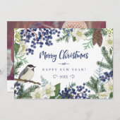 花と冬の鳥 | 写真 ホリデーカード (正面/裏面)