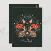 花と北欧の動機を持つウサギ ポストカード (正面/裏面)