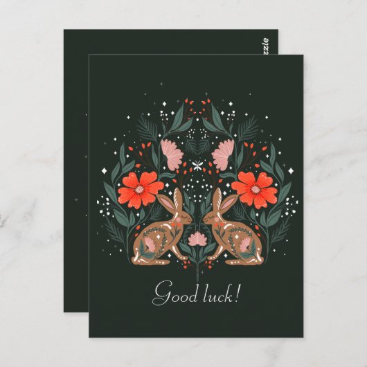 花と北欧の動機を持つウサギ ポストカード (正面/裏面)