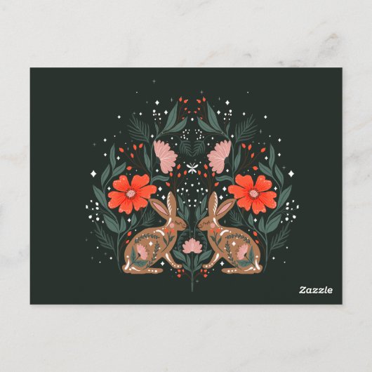 花と北欧の動機を持つウサギ ポストカード (裏面)