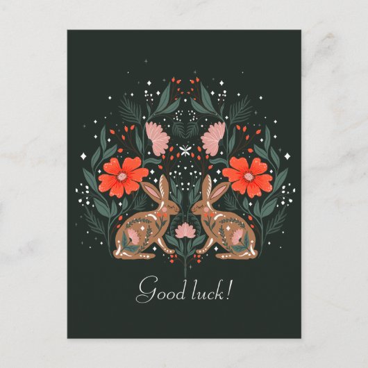 花と北欧の動機を持つウサギ ポストカード (正面)