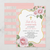 花と十字架 | 女の子の初聖体拝領 招待状 (正面/裏面)