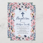 花と十字 |ボーイバプテスマ/《キリスト教》洗礼式や命名式 招待状 (正面/裏面)