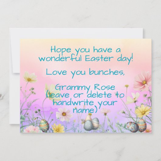 花と卵でいっぱいのトラックに乗ったかわいいイースターバニー シーズンカード (裏面)