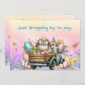 花と卵でいっぱいのトラックに乗ったかわいいイースターバニー シーズンカード (正面/裏面)