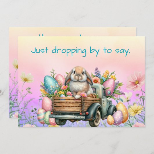 花と卵でいっぱいのトラックに乗ったかわいいイースターバニー シーズンカード (正面/裏面)