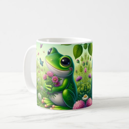 花と可愛いカエル コーヒーマグカップ (正面左)
