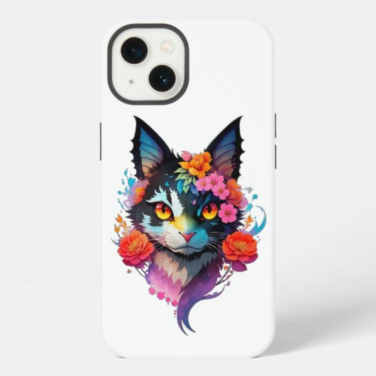 花と可愛いコウモリ猫のiPhone/iPadケース iPhoneケース (裏面)