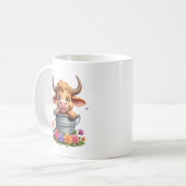 花と可愛いハイランドベイビーカウ 子牛 動物 デザイン コーヒーマグカップ (正面左)