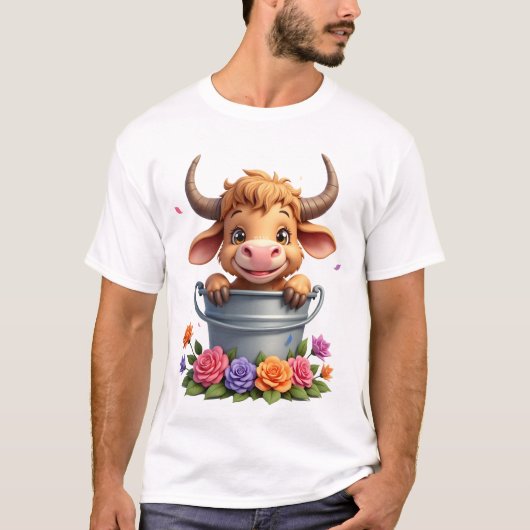 花と可愛いハイランドベイビーカウ 子牛 動物 デザイン Tシャツ (正面)