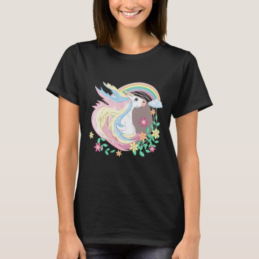 花と可愛いユニコーンの魔法のユニコーンアート Tシャツ (正面)