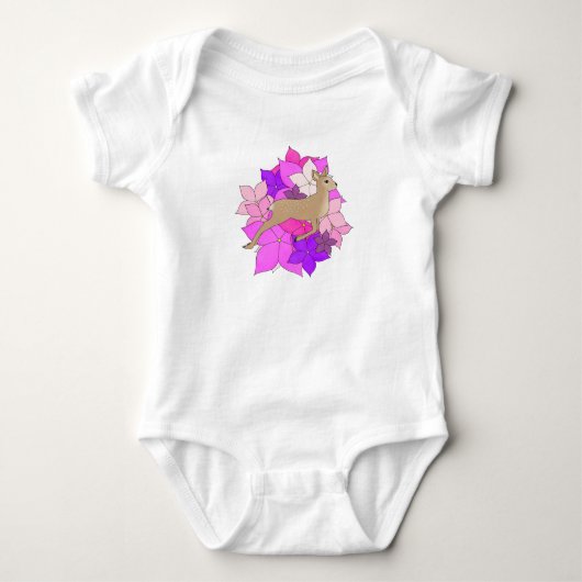 花と可愛い子鹿Tシャツ ベビーボディスーツ (正面)