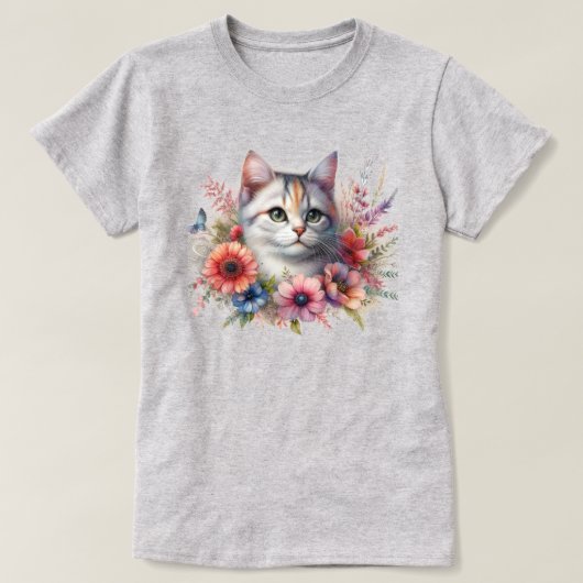花と可愛い猫 ネコ好きさんに  Tシャツ (デザイン正面)