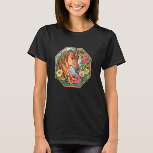 花と可愛い馬 I 馬 Tシャツ (正面)
