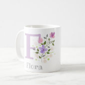 花と名前のイニシャル入りフララのギフト コーヒーマグカップ (正面左)