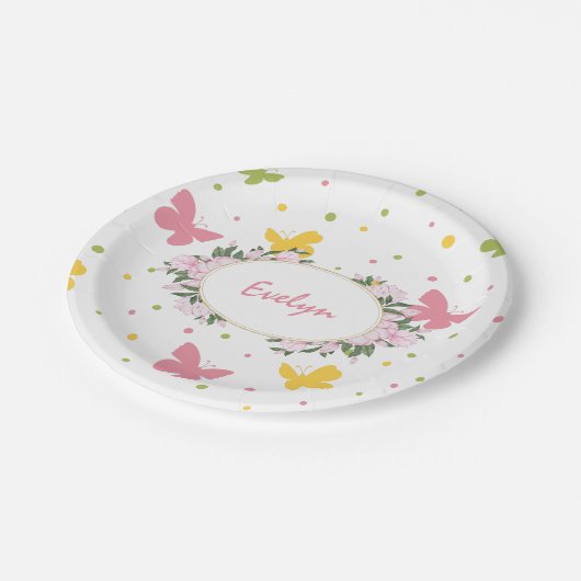 花と名前のパステルバタフライパターン ペーパープレート (アングル)