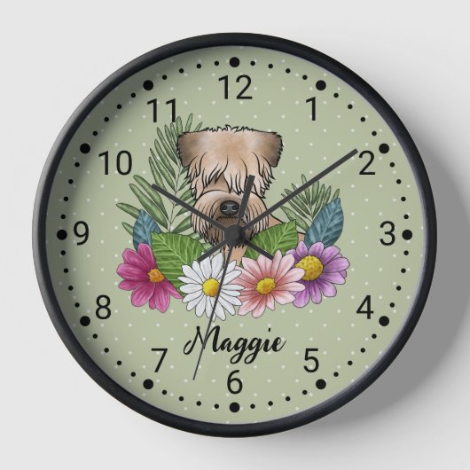 花と名前を付けた柔らかいコートのカーテン・テリア 壁時計 (正面)