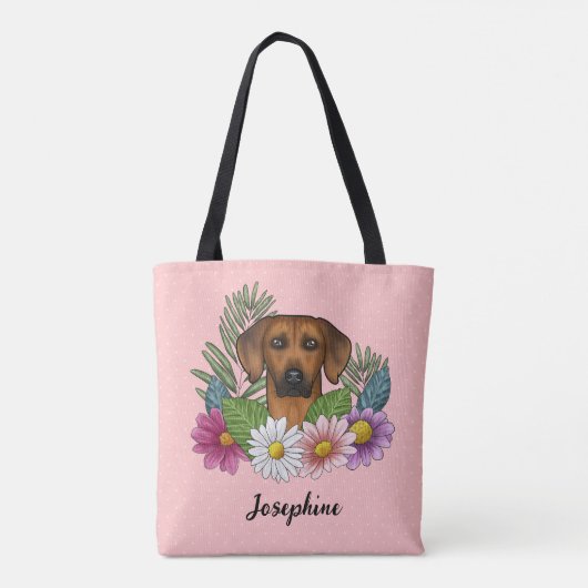 花と名前ピンクのローデシアンのリッジバックドッグ トートバッグ (裏面)