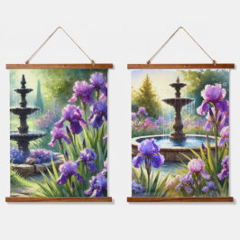 花と噴水を紫 吊り下げ型タペストリー
