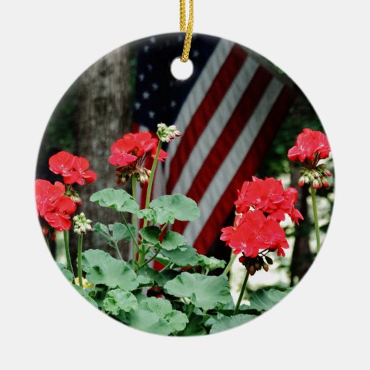 花と国旗の赤、白と青 セラミックオーナメント (正面)