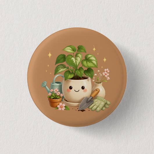花と園芸道具の幸せな植木鉢 缶バッジ (正面)
