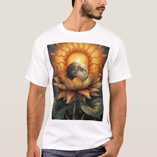花と太陽と月の融合: 開花する日と夜 Tシャツ (正面)