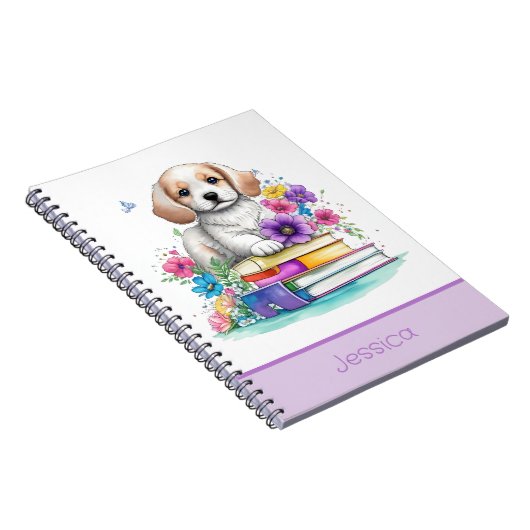 花と子犬と本の鮮やかな水彩画 学校 ノートブック (右側)