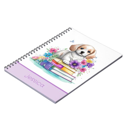 花と子犬と本 鮮やかな水彩画 学校 ノートブック (左側)