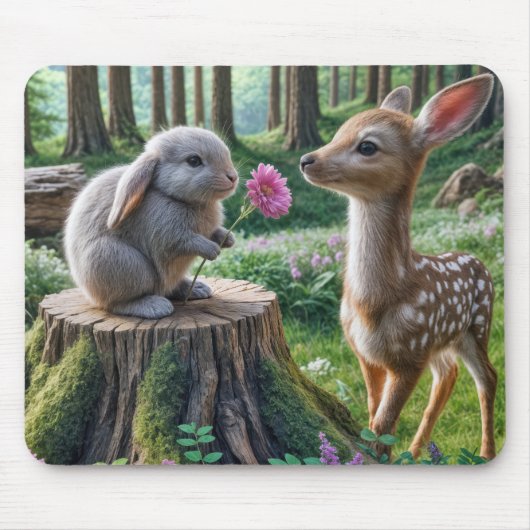 花と子鹿が咲くフロッピーで育ったウサギ マウスパッド (正面)