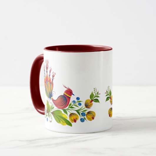 花と実に囲まれた装飾的な鳥の芸術的なマグカップ マグカップ (正面左)