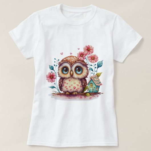 花と小さな家のあるフクロウ Tシャツ (デザイン正面)