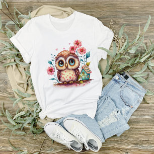 花と小さな家のあるフクロウ Tシャツ