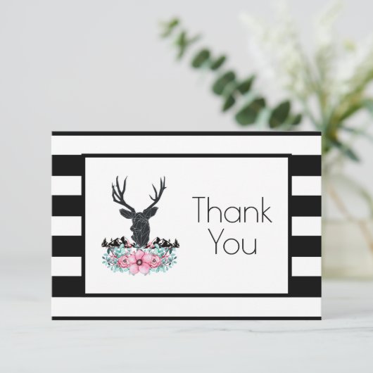 花と山の鹿の頭のパーティー感謝カード サンキューカード (スタンド正面)