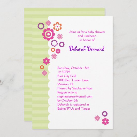 花と帯を持つベビーシャワーガール招待状 招待状 (正面/裏面)