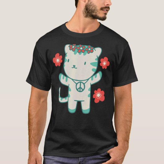 花と平和のシンボルを持つヒッピー猫 Tシャツ (正面)