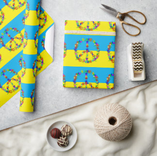 花と平和サイン、ウクライナ国旗のボタンワット ラッピングペーパー